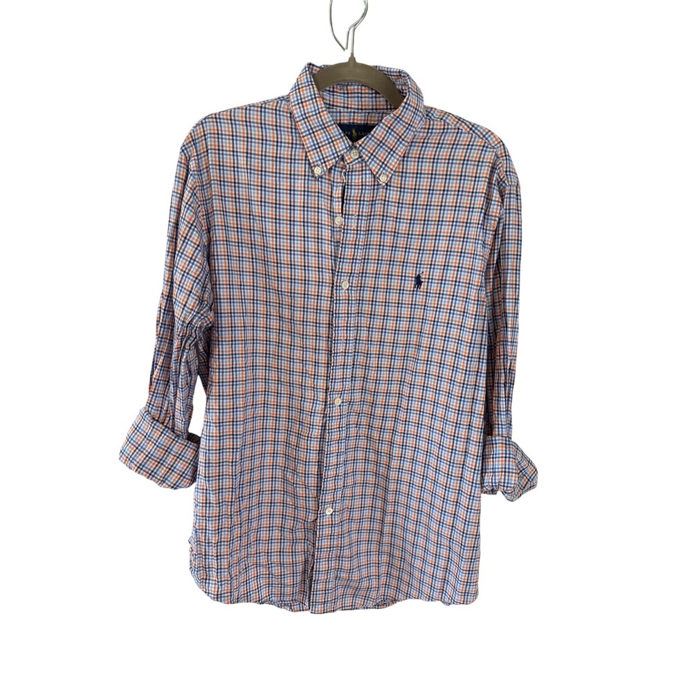 Ralph Lauren Men's Large Plaid Button Down Blue Orange Preppy Ivy‎ League Cotton